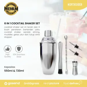 6 IN 1 COCKTAIL SHAKER WITH MUDDLER - SPOON BOTTLE POURER JIGGER