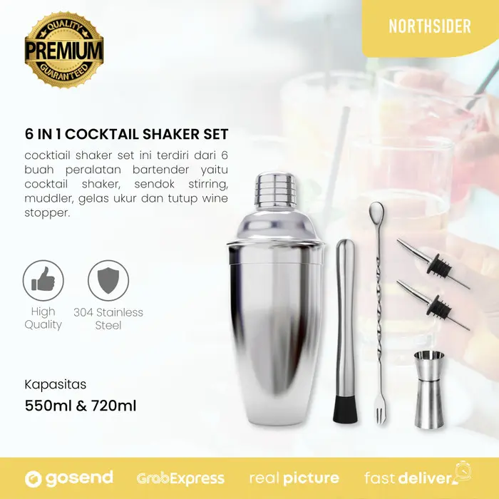 6 IN 1 COCKTAIL SHAKER WITH MUDDLER - SPOON BOTTLE POURER JIGGER