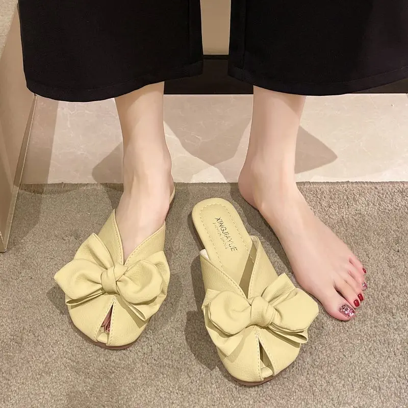 Dép Nửa Ngón Bít Mũi Thắt Nơ Thời Trang, Dành Cho Nữ, Có Thể Đeo Ngoài Trời, Dép Đế Bệt Mềm, Dễ Phối Đồ Phong Cách Hàn Quốc Mới Mùa Hè 2024 2