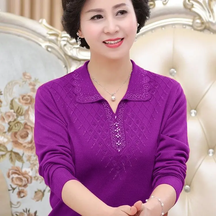 Áo Len Dài Tay, Dáng Rộng Vừa Vặn, Ve Áo, Cơ Sở, Dành Cho Quần Áo Nữ Mùa Xuân Và Mùa Thu Mới, Màu Trơn Dệt Kim, Thích Hợp Cho Mẹ TRUNG NIÊN, Áo Trên 6