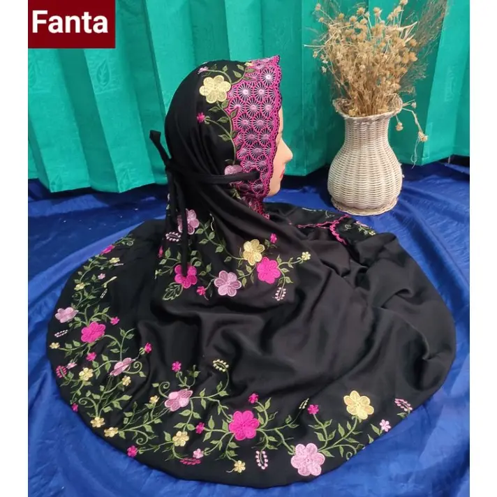 Mukena Terusan Dewasa Polino Warna Hitam Bordir Bunga Jasmine Cantik Motif Nyaman Muslim Navy Mukenah Katun Panjang Renda Santri 1