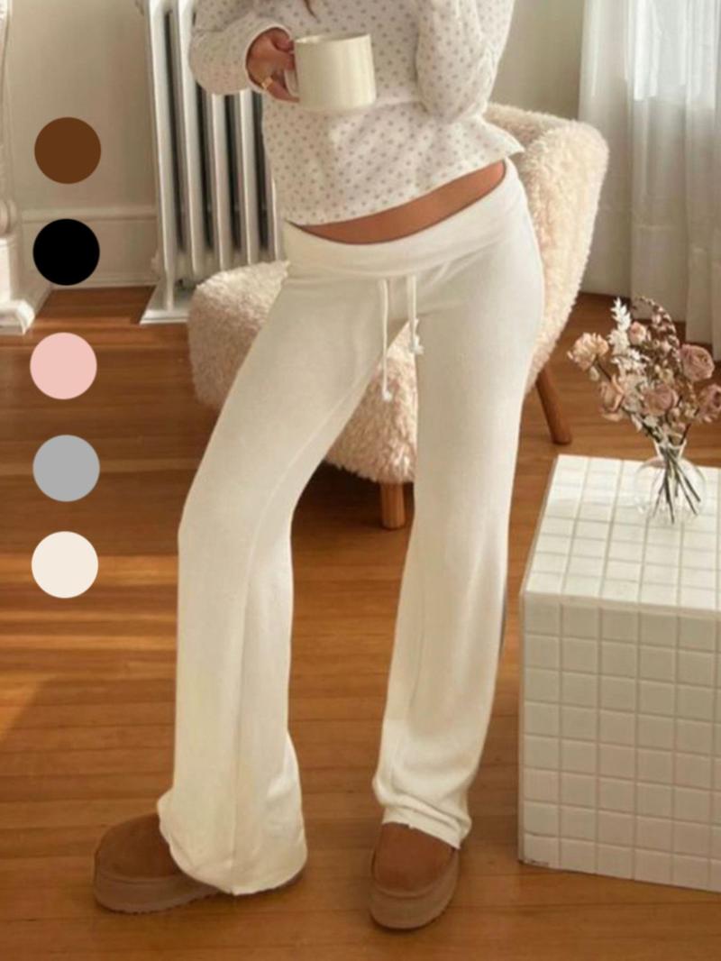 Product Introduction of Women's Solid Drawstring Foldover Waist Straight Leg Pants, Pants for Women, Fashion Casual Drop Waist Trousers, Trousers for Women, Women's Bottoms, Back To School Clothes,  Winter Outfits 5