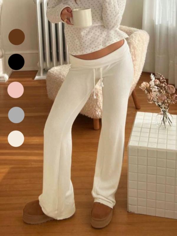 Women's Solid Drawstring Foldover Waist Straight Leg Pants, Pants for Women, Fashion Casual Drop Waist Trousers, Trousers for Women, Women's Bottoms, Back To School Clothes,  Winter Outfits 0
