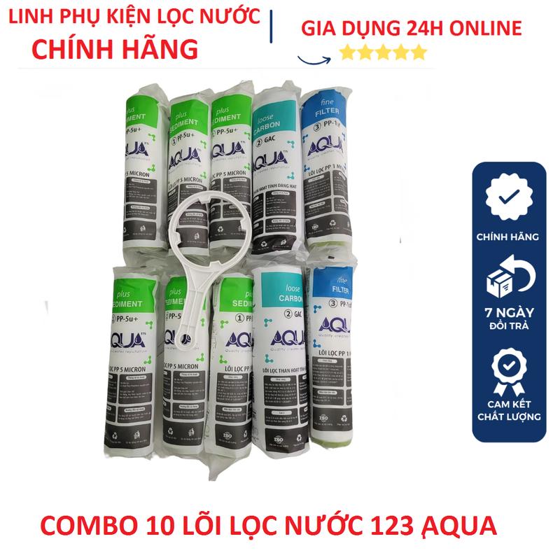 Bộ 10 Lõi Lọc Nước 123 AQua Gồm 6 Lõi Số 1, 2 Lõi Số 2, 2 Lõi Số 3 -Tặng Kèm Tay Tháo Cốc Lọc 123 loiloc nuoc lõilọ cnước