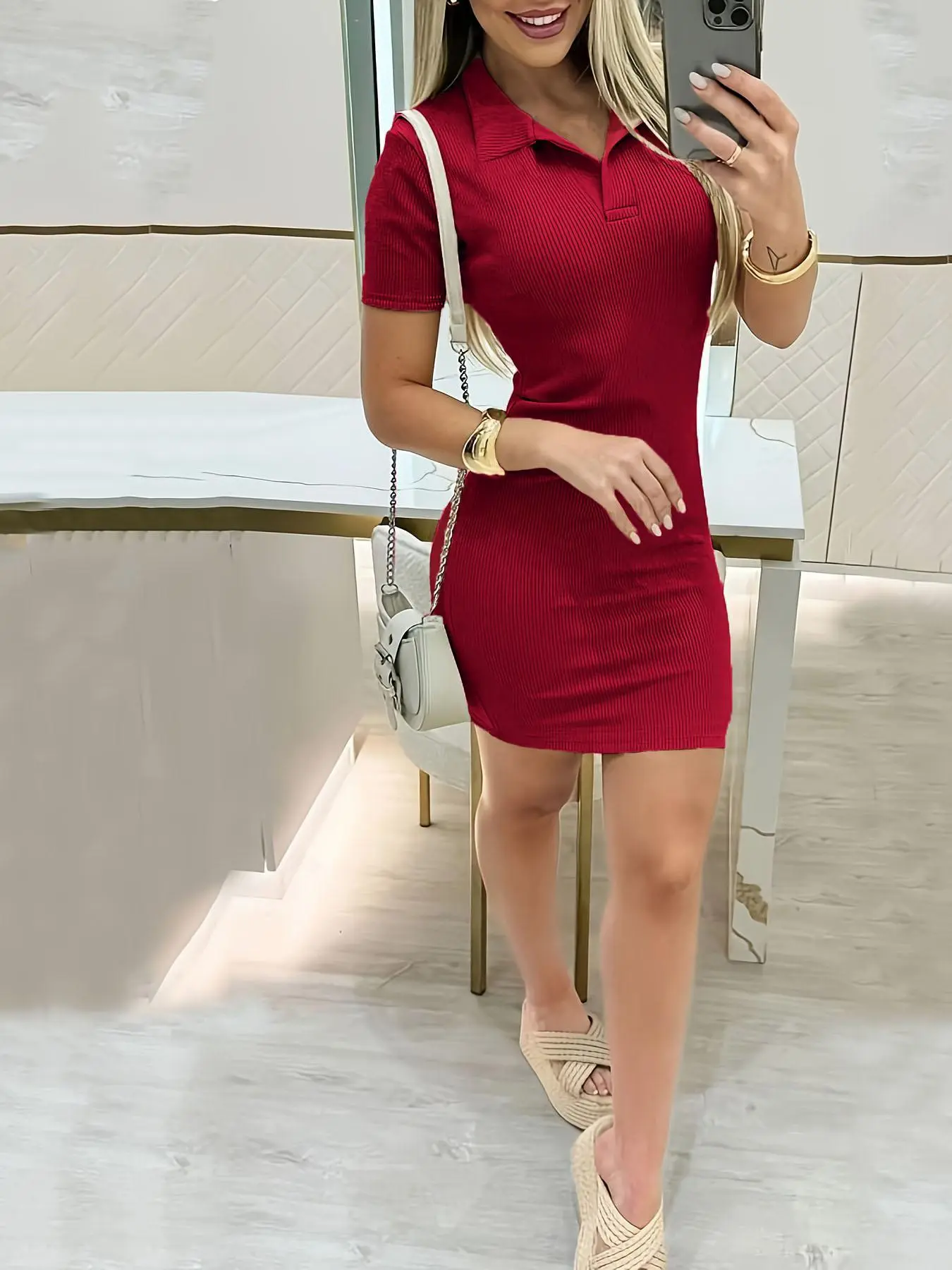 Women's Solid Color Dress, Casual Short Sleeve Collared Dress for Summer, Ladies Clothes for Daily Wear
