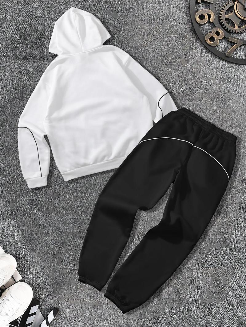 Product Introduction of Men's Plush Lined Letter Print Contrast Binding Hoodie & Drawstring Waist Sweatpants Two-piece Set, Loose Casual Comfy Thermal Warm Long Sleeve Drawstring Hooded Sweatshirt & Pocket Jogger Pants, Two-piece Outfits for Fall & Winter 2