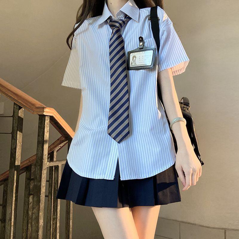 Product Introduction of Three-Piece Summer New Japanese College JK Striped Shirt Short Sleeve Student All-Matching Pleated Skirt Anti-Aging Outfits 10