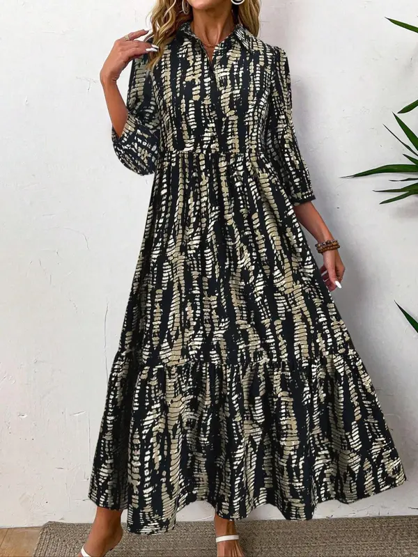 Women's All Over Print Collared 3/4 Sleeve Dress, Elegant Casual Fashion Long Dress for Daily Outdoor Wear, Women Dress for Spring & Fall, Holiday Dresses, Womenswear 2