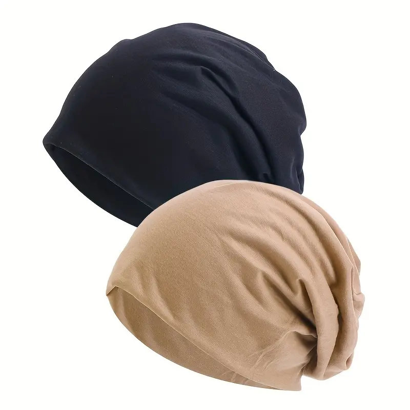 2pcs Soft Polyester Slouchy Beanie Hats for Women - Stretchy, Breathable Ear Warmer Headscarf Caps in Black & Gray - Hand Washable, Ideal for Postpartum Recovery & Chemo Patients 2