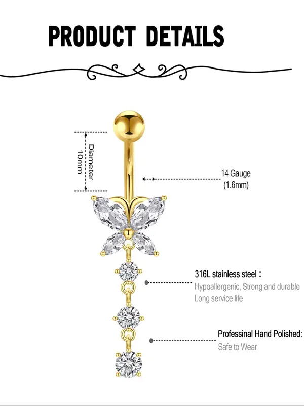 Butterfly Shaped Rhinestone Decor Belly Button Ring, Belly Piercing Accessory, Body Jewelry for Women & Men 4