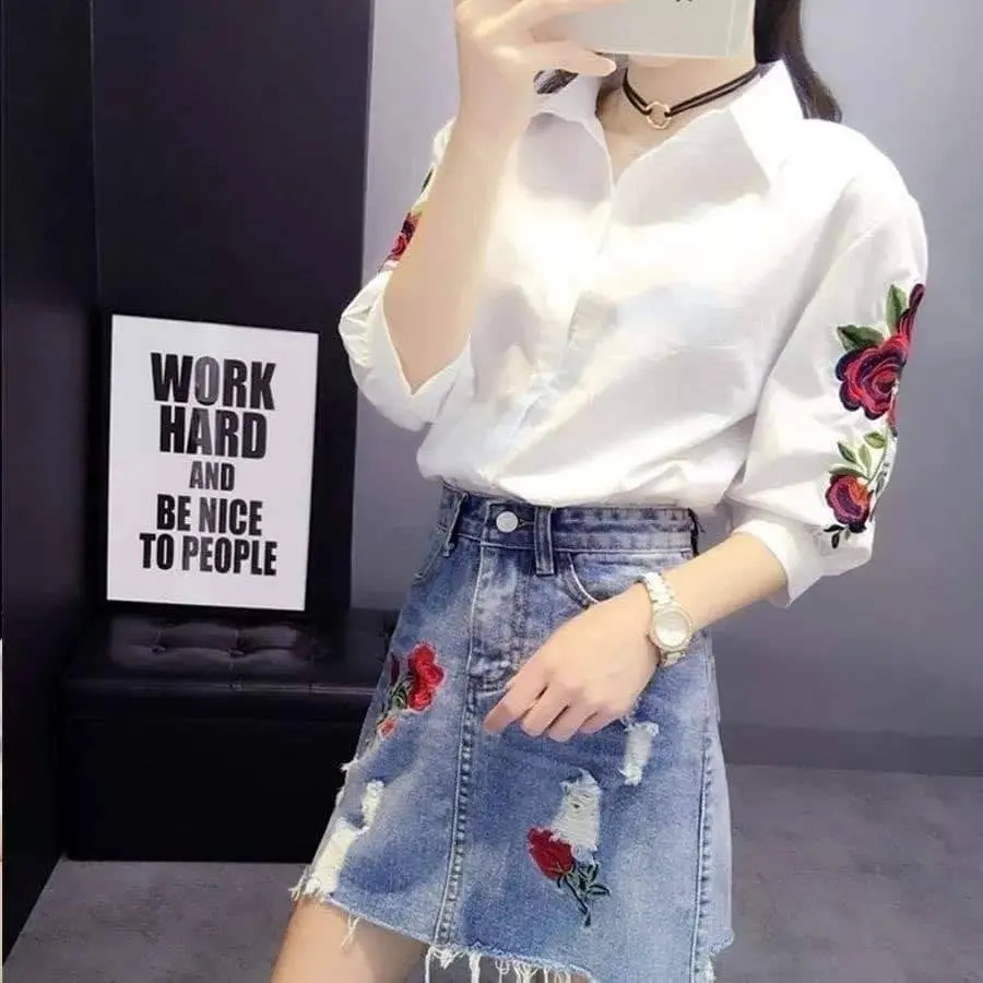 Áo sơ mi tay lỡ thêu hoạ tiết xinh xắn Khả My House