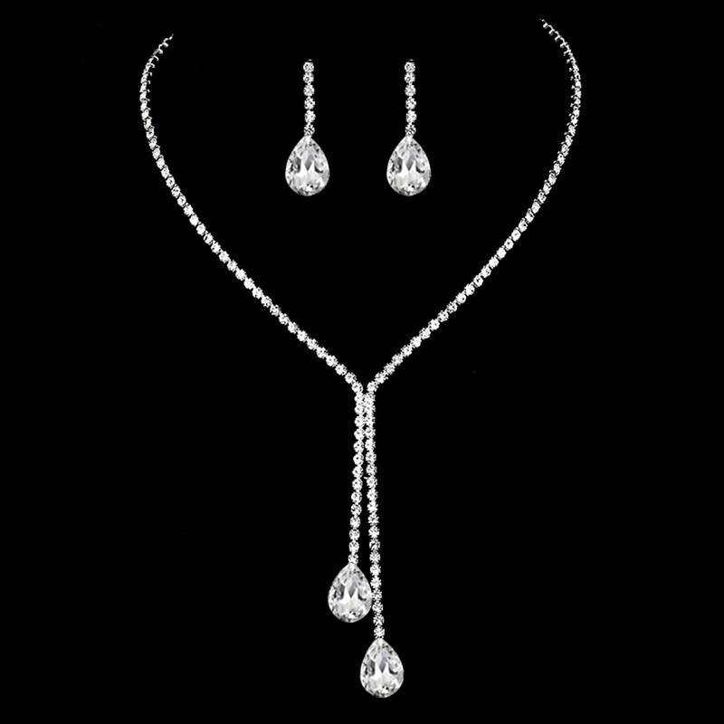 2pcs/set Water Drop Zircon Jewelry Sets Shiny Wedding Claw Chain Evening Necklace Earring Set For Women Girl 3