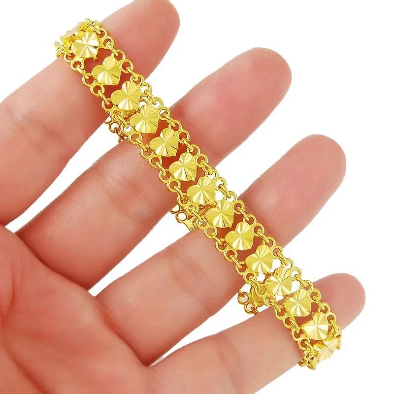 Product Introduction of Gold Color Bracelet for Women Chain Heart Wide Chain Cuff Bangle Bracelet Wristband Wedding Jewelry Gifts 22cm 2