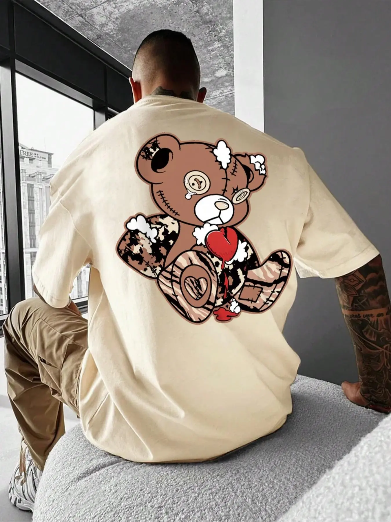 Men's Cartoon Bear Graphic Print Round Neck Tee, Summer Clothes Regular Fit Casual Fashion Drop Shoulder Short Sleeve T-shirt for Summer, Graphic Tees, Men's Top for Daily Wear