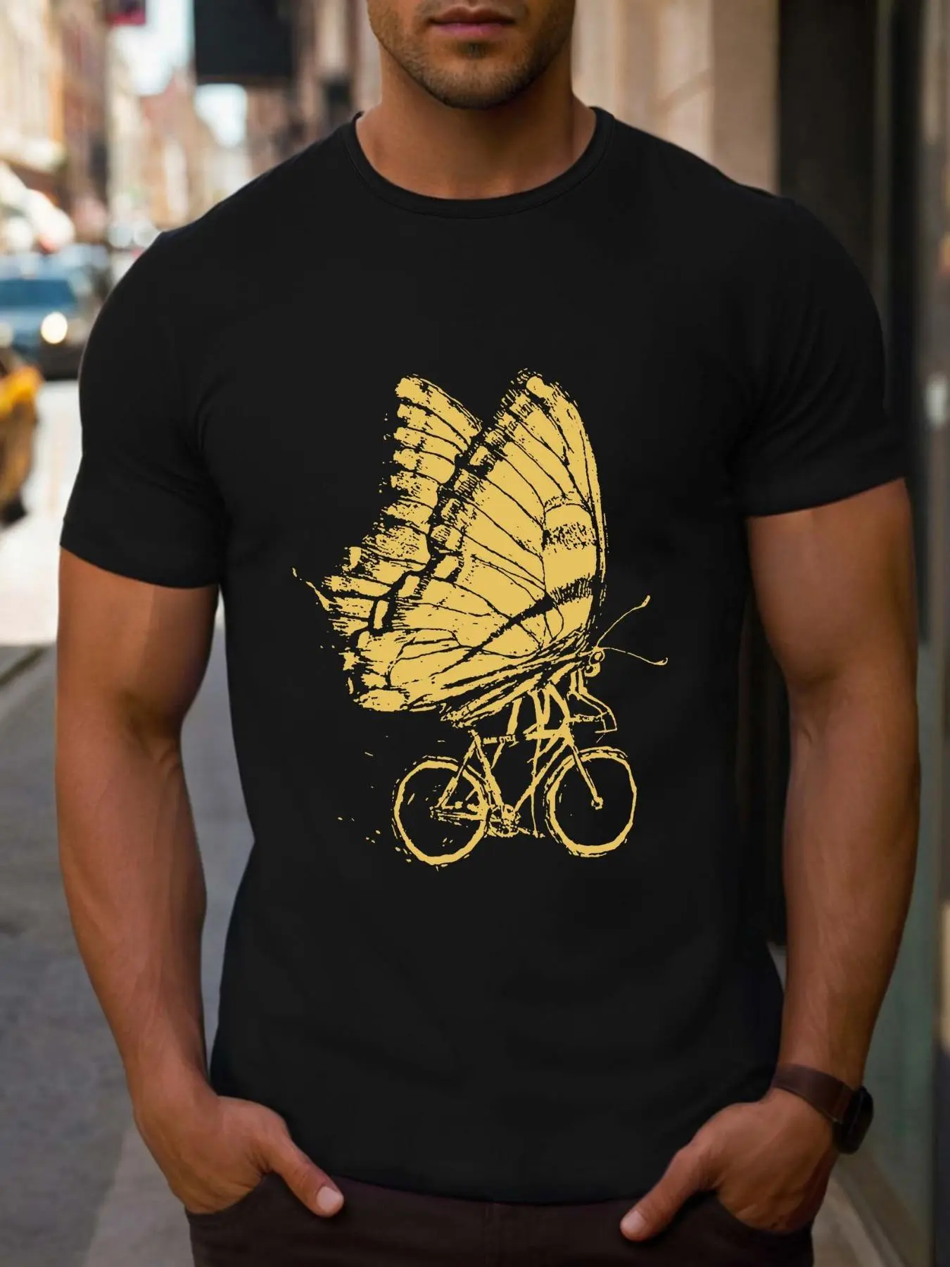 Men's Butterfly & Bicycle Print Round Neck Tee, Regular Fit Casual Short Sleeve T-shirt for Summer, Men's Top for Daily Wear