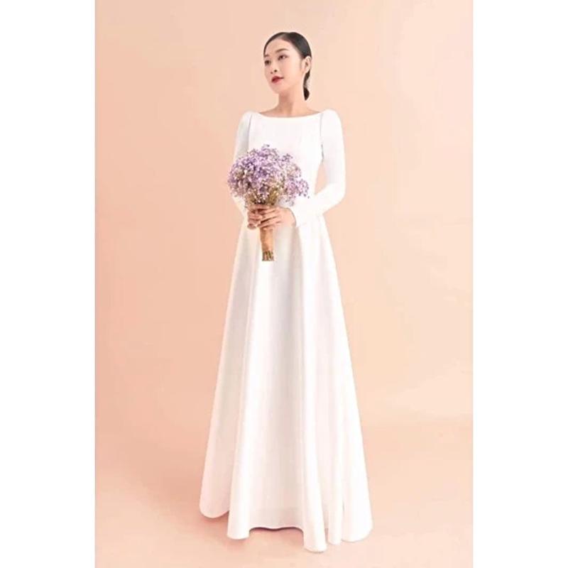 váy cưới trắng xoè dài, tay dài đính cúc vải kín đáo sang trọng Đám cưới Cổ thuyền Thanh lịch Đầm dài 5