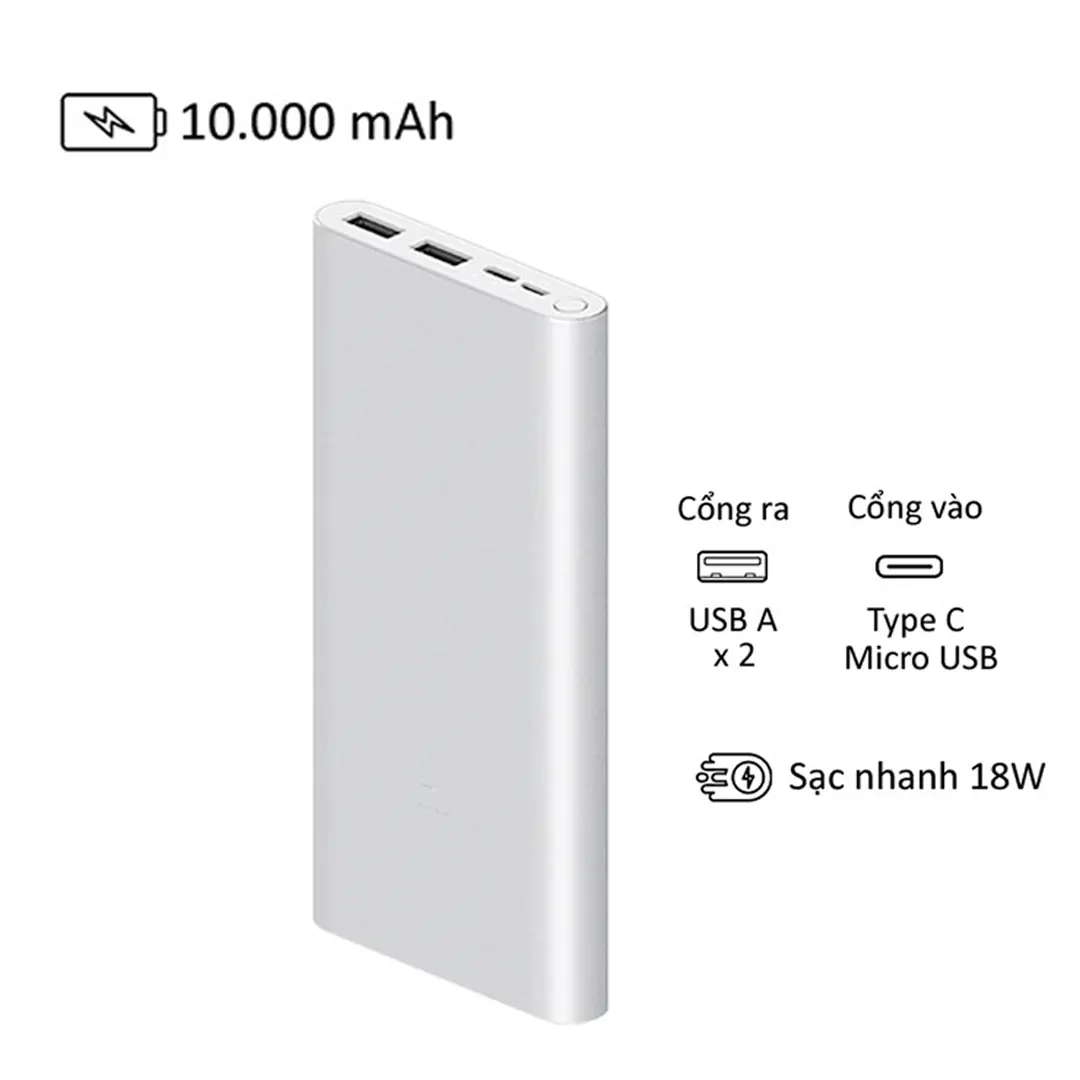 Pin Sạc Dự Phòng Xiaomi Mi Gen 3, 10000mAh, Bộ Sạc Type-C Tích Hợp, Sạc Nhanh 18W, Tương Thích Với Nhiều Thiết Bị, Hỗ Trợ Sạc Nhanh
