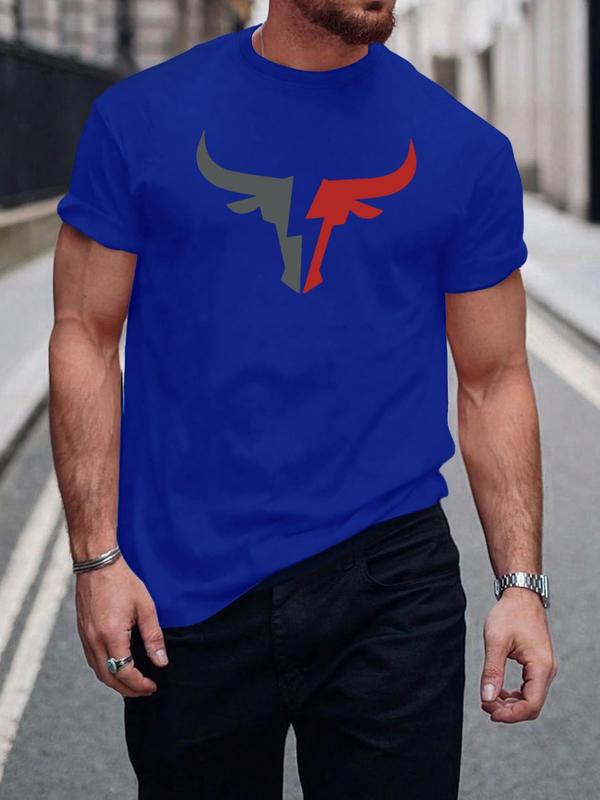 Men's Regular Fit Bull Print Round Neck Tee, Football Jerseys, Casual Short Sleeve Crew Neck T-shirt for Summer Daily Wear, Graphic Tees, Men's Summer Clothes Top for All Seasons, Football Shirts,  Streetwear 2