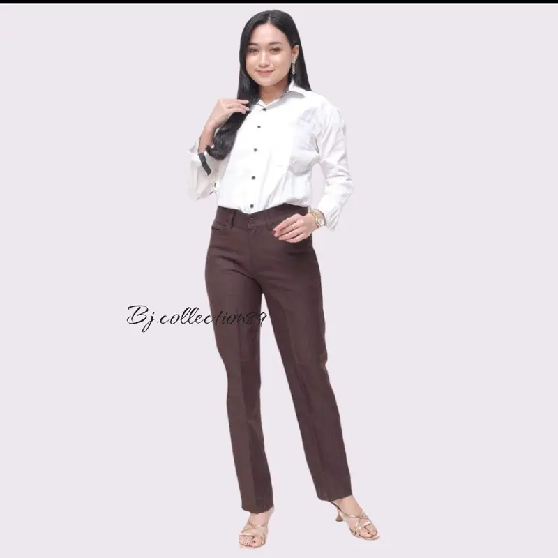 Celana Kerja Wanita Kantor - Celana Bahan Wanita Formal Panjang Hitam Abu Navy Coklat Variasi Kancing 7