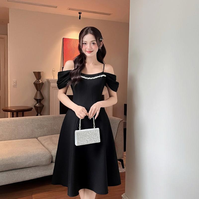 ZAMY SHOP - Váy TK trễ vai dây đá dáng dài nữ tiểu thư thanh linh xinh đẹp dự tiệc