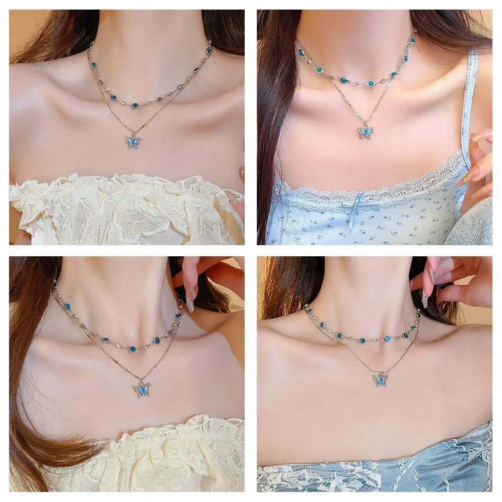 Vòng Cổ Hình Bướm Màu Xanh Dương Cho Nữ Vòng Cổ Hai Lớp Cô Gái Nóng Bỏng Dây Chuyền Xương Đòn Quà Tặng Phụ Kiện M6A1