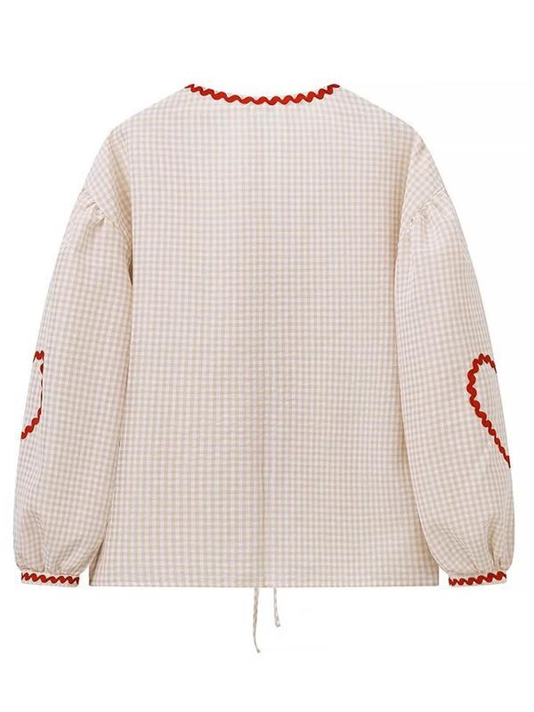 Women's Gingham Print Heart Patched Frill Trim Tie Front Blouse, Casual Checkered Print Drop Shoulder Long Sleeve V Neck Top for Fall & Winter, Women's Clothes for Daily Wear 3