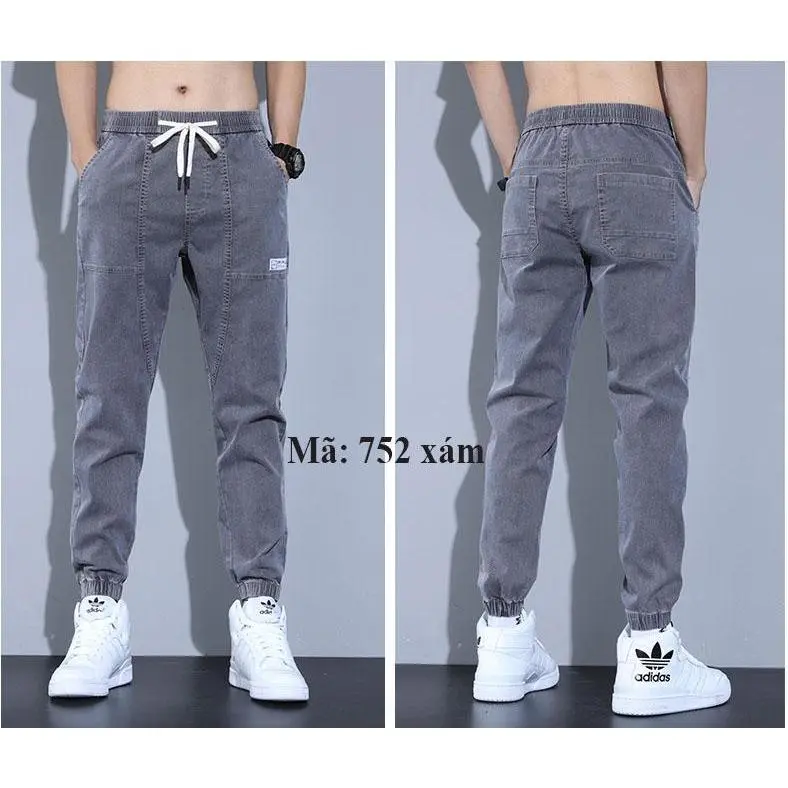 Quần Bò Jogger nam màu xám lông chuột chữ in bó gấu lưng chun 7027x pon.mens Menswear Jean Cotton Pants Có Túi