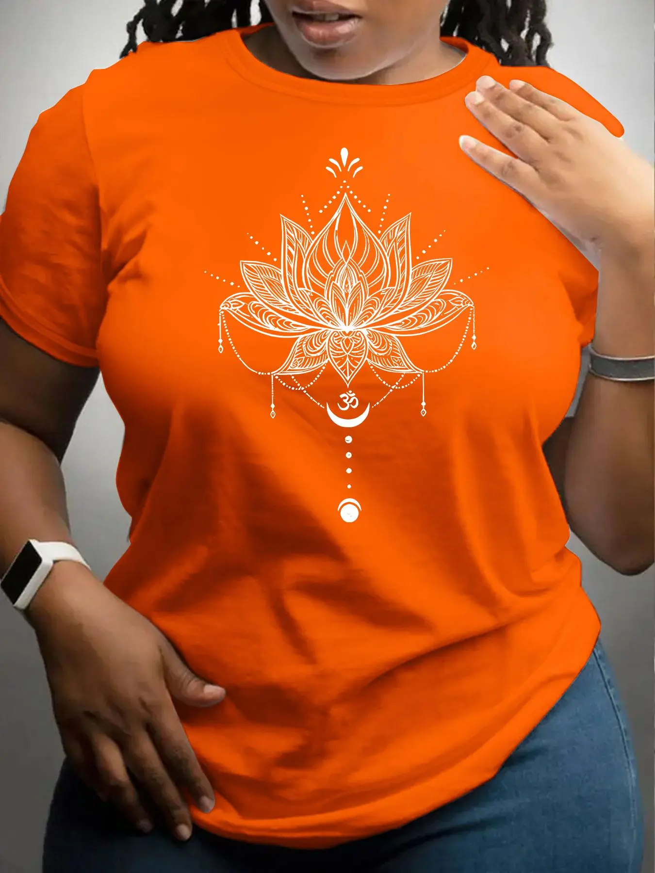 【Plus Size】 Lotus Print Round Neck Tee, Fashion Casual Crew Neck Short Sleeve T-shirt for Daily Outdoor Wear, Women Plus Clothing for All Seasons