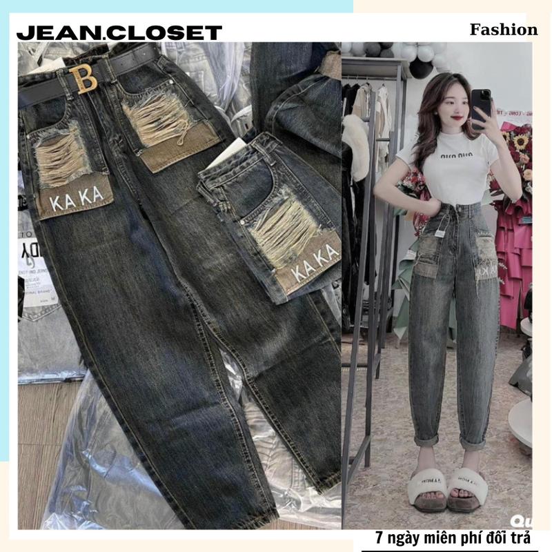 quần nữ baggy họa tiết túi rách phối kaka cá tính