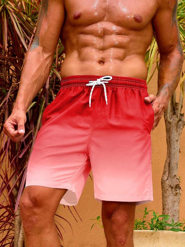 Men Swim Trunks, Men's Regular Fit 2 in 1 Ombre Print Drawstring Waist Beach Shorts, Gym Shorts, Casual Pocket Swim Shorts for Summer, Fashion Men's Swimwear for Beach Vacation Outdoor Swimming, Activewear 3