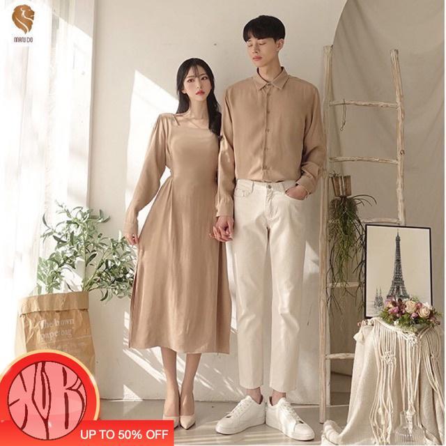 ShopXuBi Set đồ đôi, đồ cặp tình nhân váy và áo sơ mi màu da suông dài cột eo vintage chụp cưới Đà Lạt Nữ Top Women Hồng Women Hồng Voi Kem Jacket
