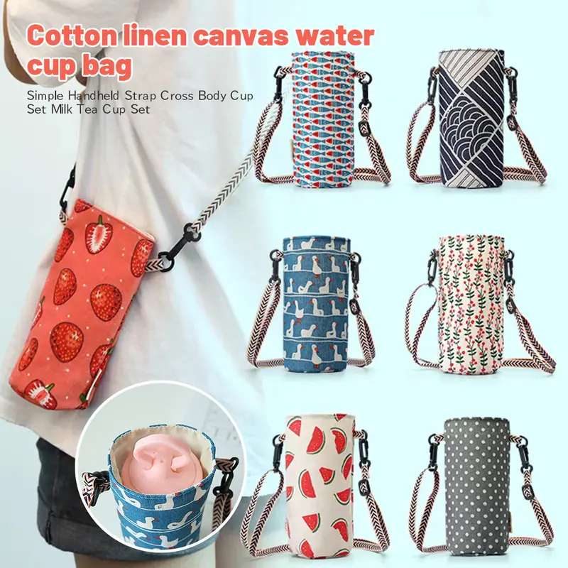 Túi Đựng Cốc Đeo Chéo Đeo Vai Có Tay Cầm Thời Trang, Túi Đựng Chai Có Thể Điều Chỉnh Cầm Tay Làm Bằng Vải Lanh Và Cotton, 1 Chiếc 0
