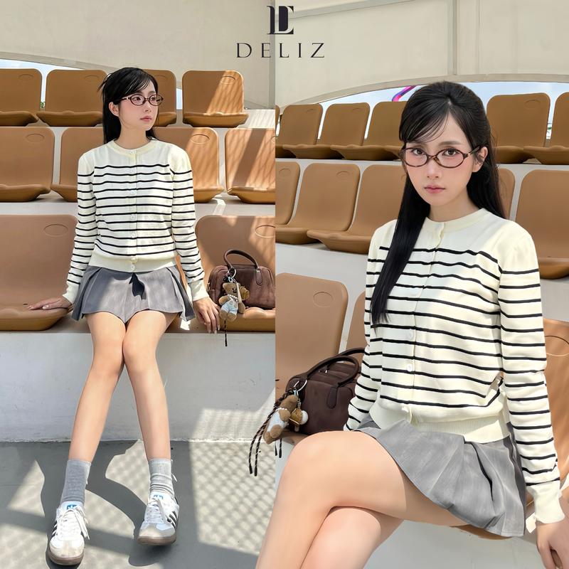 DELIZ - Khoác cardigan cổ tròn kẻ ngang tông màu nhẹ nhàng mùa thu - CD834