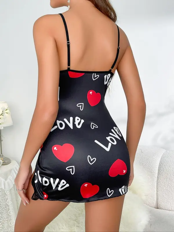 Women's Heart & Letter Print Bowknot Decor Contrast Lace Silky Cami Nightdress, Naughty Lingerie, Adjustable Spaghetti Strap Split Hem Nightgown, Soft Comfortable Sleepwear Lingerie for Women, Pyjamas for Women 6