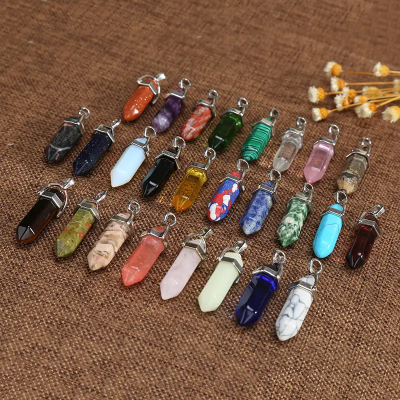 Cross-Border Hot Selling Natural Stone Amethyst Pink Crystal White Crystal Hexagon Prism Pendant Double Pointed Bullet Necklace Wholesale