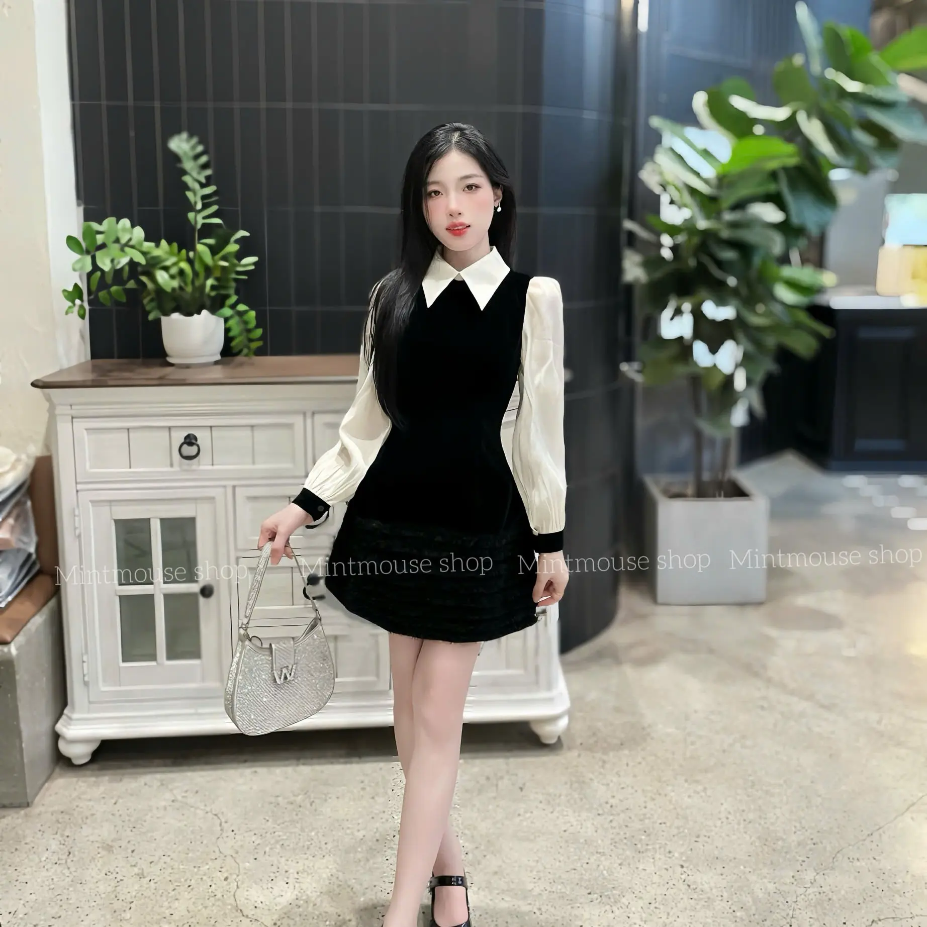 Đầm thiết kế , váy liền dáng A chất liệu nhung phối cổ sơmi tay dài phồng đuôi váy phối bèo lưới [M083]