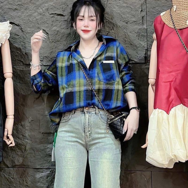 Áo Kẻ Ô Xinh Xắn Chất Nỉ Bông Mềm Mại Phong Cách Form 40-65kg Áo Công Sở Xinh Nữ Women Top Cotton Sơ Mi 2
