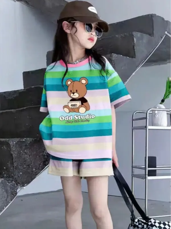 Bộ cộc tay bé gái mùa hè mẫu 7 sắc cầu vồng sz 9-45kg chất liệu tixi mềm mát 5