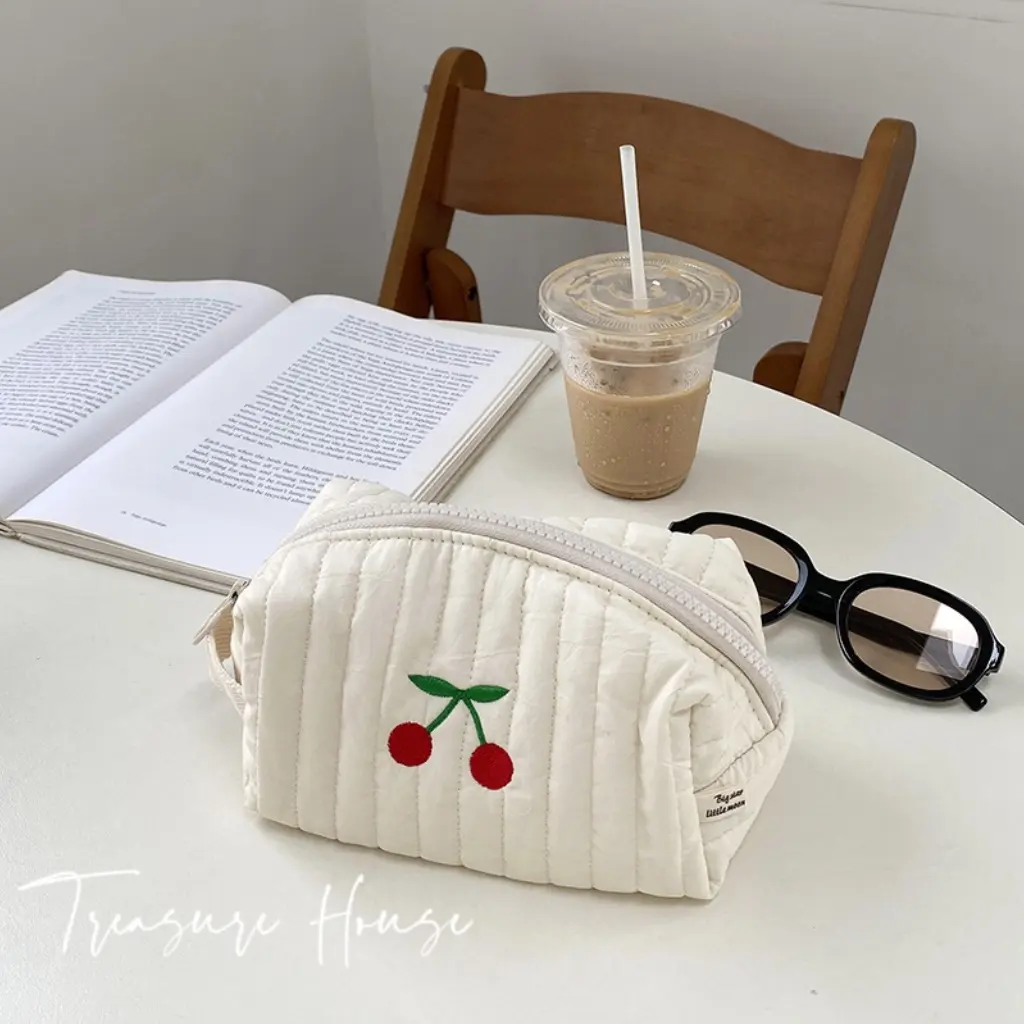 Túi Đựng Mỹ Phẩm, TH Hàn Quốc Ins Người Ảnh Hưởng, Thiết Kế Đơn Giản, Thêu Anh Đào, Vải Chần Bông, Cầm Tay, Cỡ Lớn, Dành Cho Nữ, @- Bag