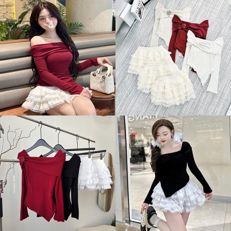 Áo Lệch Vai Đính Bông Hoa Mặc 2 Kiểu Len Lông Thỏ Đen Đỏ Kem Áo Nữ Top Women Đơn Giản TTN952