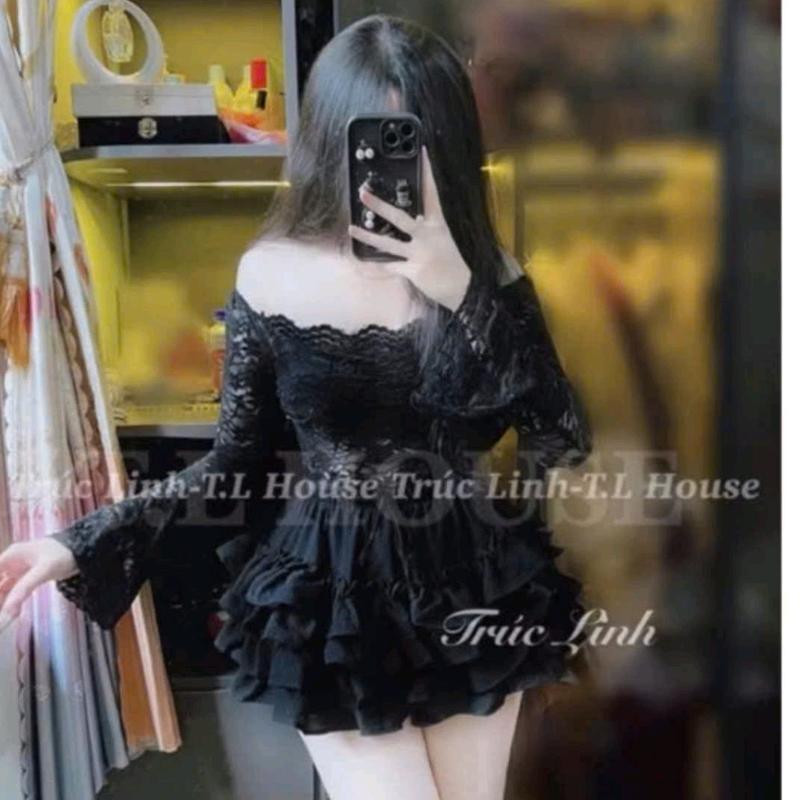 SÉT BỘ REN ÁO TRỄ VAI TAY DÀI LOE MIX CHÂN VÁY NHÚN BÈO TẦNG Nữ Top
