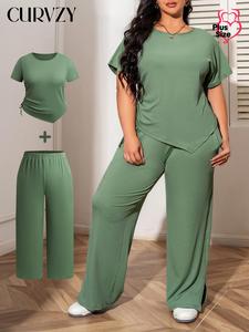 CURVZY Plus Size Autumn Aesthetic Solid Ribbed Co-ord Set, Asymmetrical Hem Tee & Pocket Pants, Trousers & Drawstring Side Tops for Women, 2 Piece Set for Summer, Women's Two-piece Outfits Hide Tummy Outfits Uk