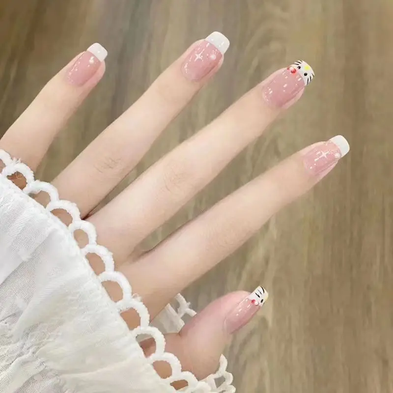 Đeo Làm Đẹp Móng Tay, Hàng Mới Về, Thiết Kế Hello Kitty Hoạt Hình, Kim Cương Trong Mảnh Vụn, Đầu Móng Tay Ngắn, Miếng Dán Móng Tay Giả Màu Nude, Có Thể Tháo Rời, Thích Hợp Cho Học Sinh, Móng Tay 3