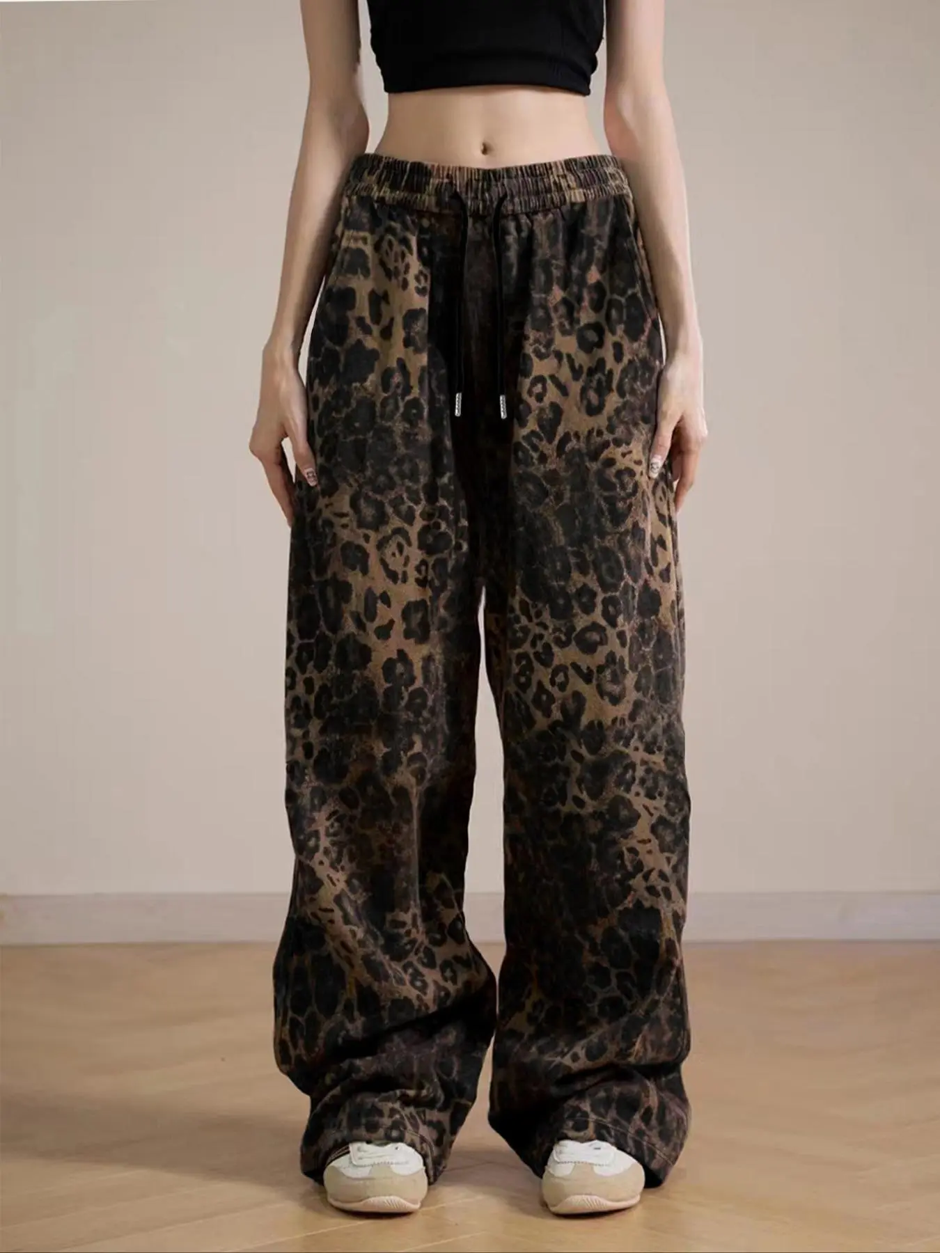 Christmas Gift Women's Leopard Print Drawstring Waist Wide Leg Pants, Casual Pocket Trousers for Daily Wear, Ladies Bottoms for All Seasons, Tall Clothing Women Valentine's Day, gift