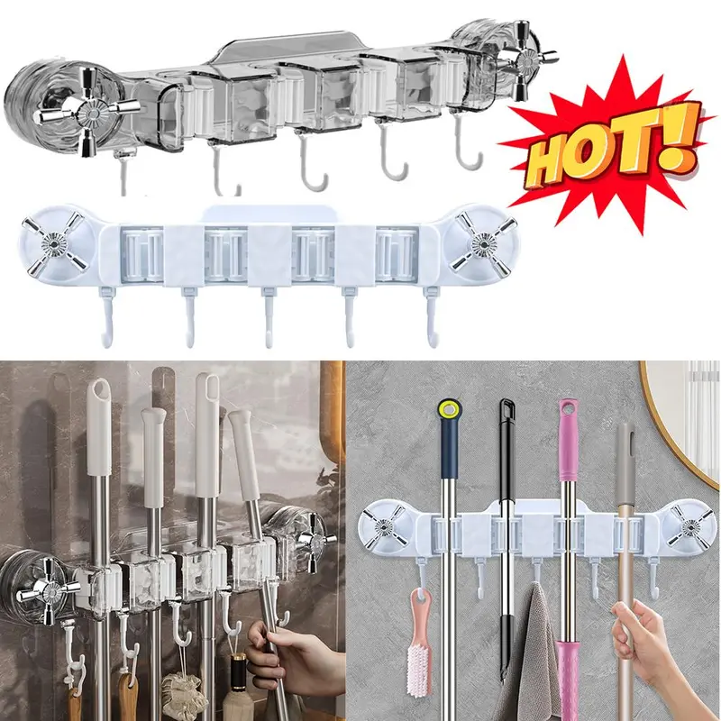 Wall Mounted Mop & Broom Holder, 1 Count Space Saving Self Adhesive Mop & Broom Storage Rack with 4 Holders & 5 Hooks, Home Organizer for Laundry Room 2