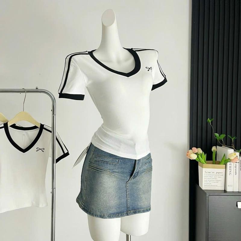 Áo thun nữ cổ V tay ngắn viền màu in nơ bên ngực MS0047 top women 1