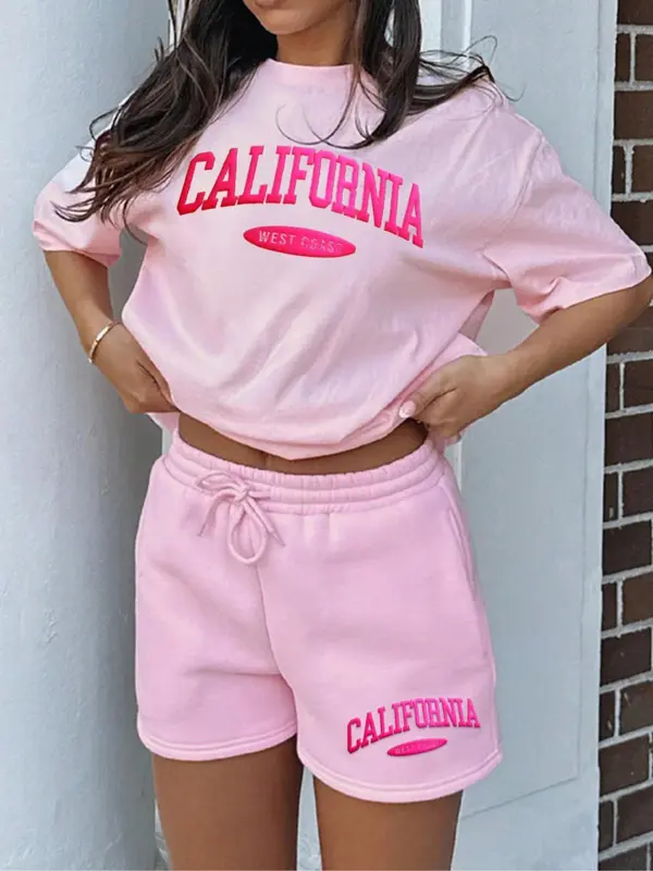 Women's Letter Print Tee & Drawstring Waist Shorts Set, Cozy T-shirt & Shorts for Daily Outdoor Wear, Ladies Summer Clothes, Suits 2