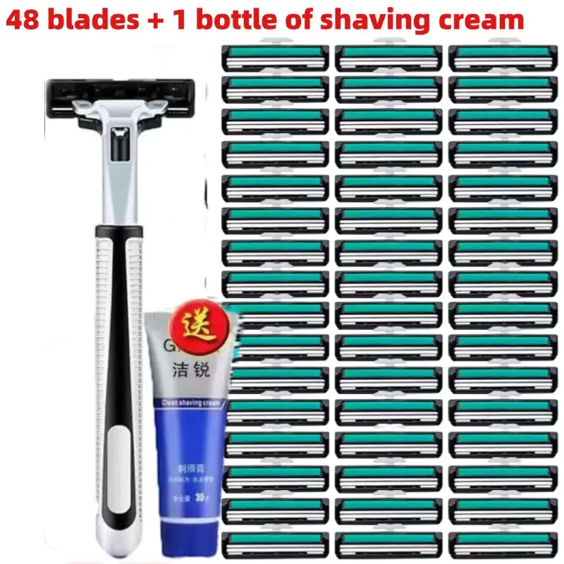 Set dao cạo râu và 48 lưỡi dao kép chính hiệu Luxury, tặng kèm tuýp kem cạo râu, giúp bạn cạo không đau, sảng khoái