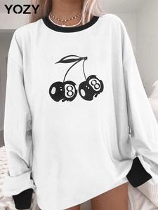 YOZY Women's Cherry & Figure Print Contrast Binding Pullover Sweatshirt, Casual Long Sleeve Round Neck Top for Fall & Winter, Women's Clothes for Daily Wear