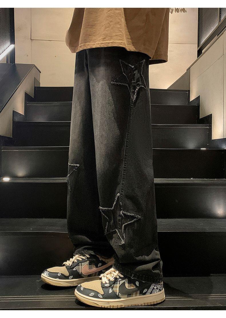 Product Introduction of Pants Men's Ins Fashionable Loose Wide-Leg American Vibe High Street Jeans Men's Fashionable Fried Street Ruan Shuai Straight Men's Pants Sneaker 37